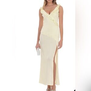 Satin V-Neck Open Back Maxi Dress in Pastel Yellow- LUCY IN THE SKY